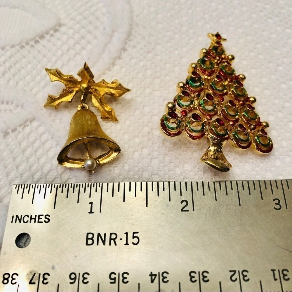 Christmas Brooch Bundle FIVE Gold Red Green Bell Tree Holiday Pins